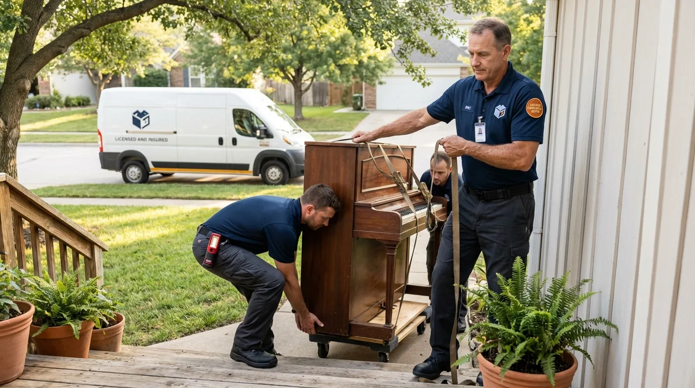 Licensed piano movers securing grand piano in Oroville, WA