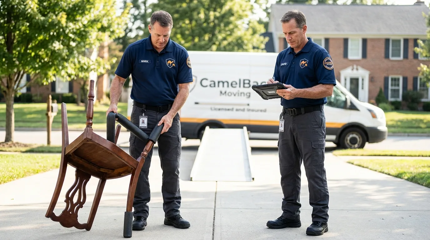 Movers inspecting furniture for damage prevention before loading in Oroville, WA