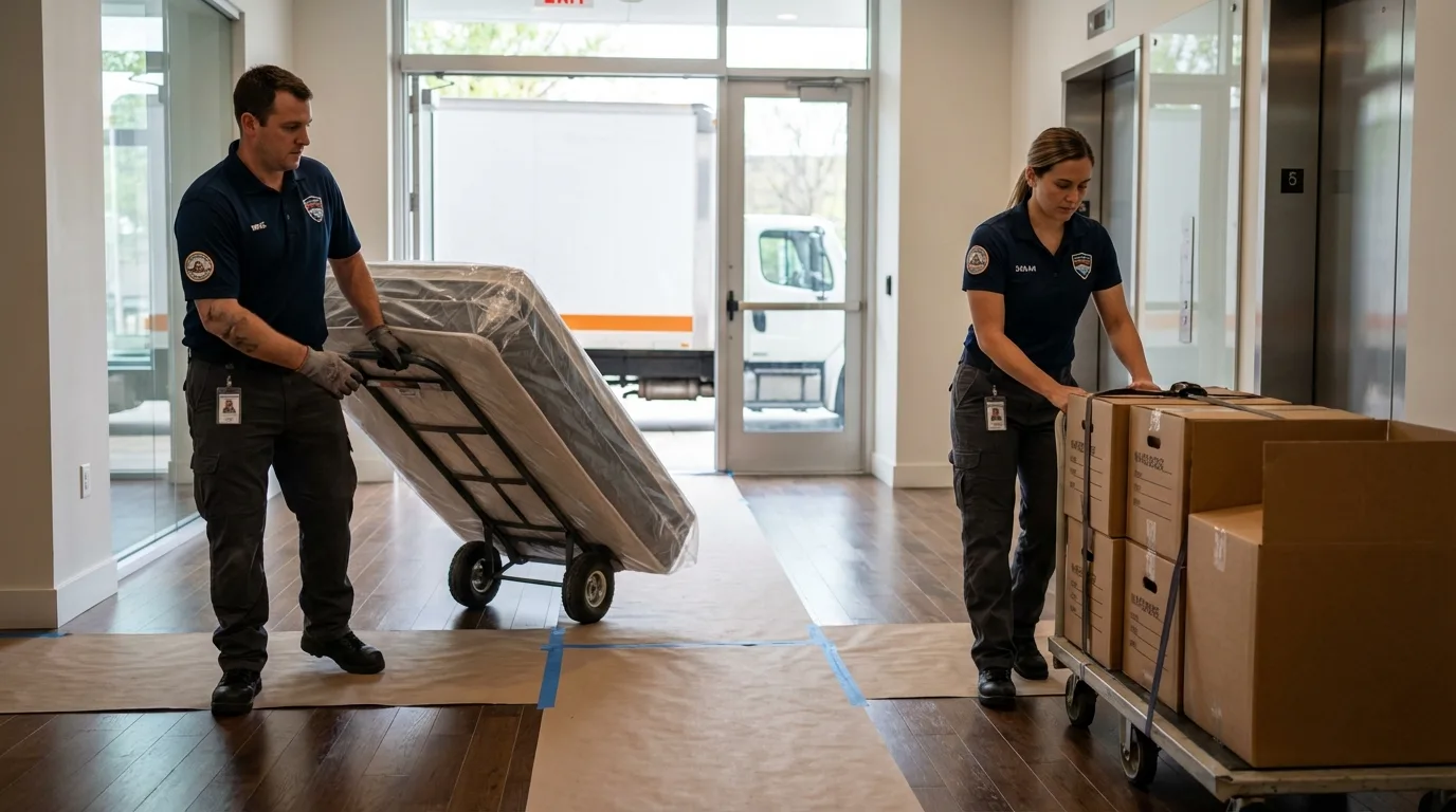 Professional apartment movers loading elevator in Oroville, WA