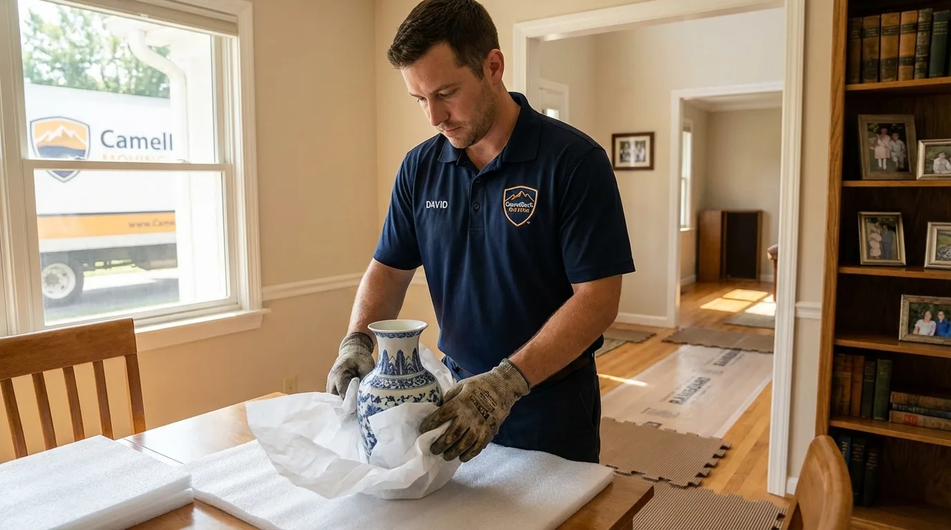 Professional crew carefully wrapping antique vase for senior downsizing move in Oroville, WA